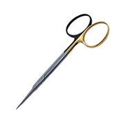 Iris Scissors Straight Super Cut Design With Tungsten-Carbide Inserts Serrated Bottom Blade With Razor Sharp Edge Top Blade With Sharp Pointed Tips Overall Length Of 4 1/2" (115mm) With Two Tone Finish With One Gold Ring And One Black Ring 